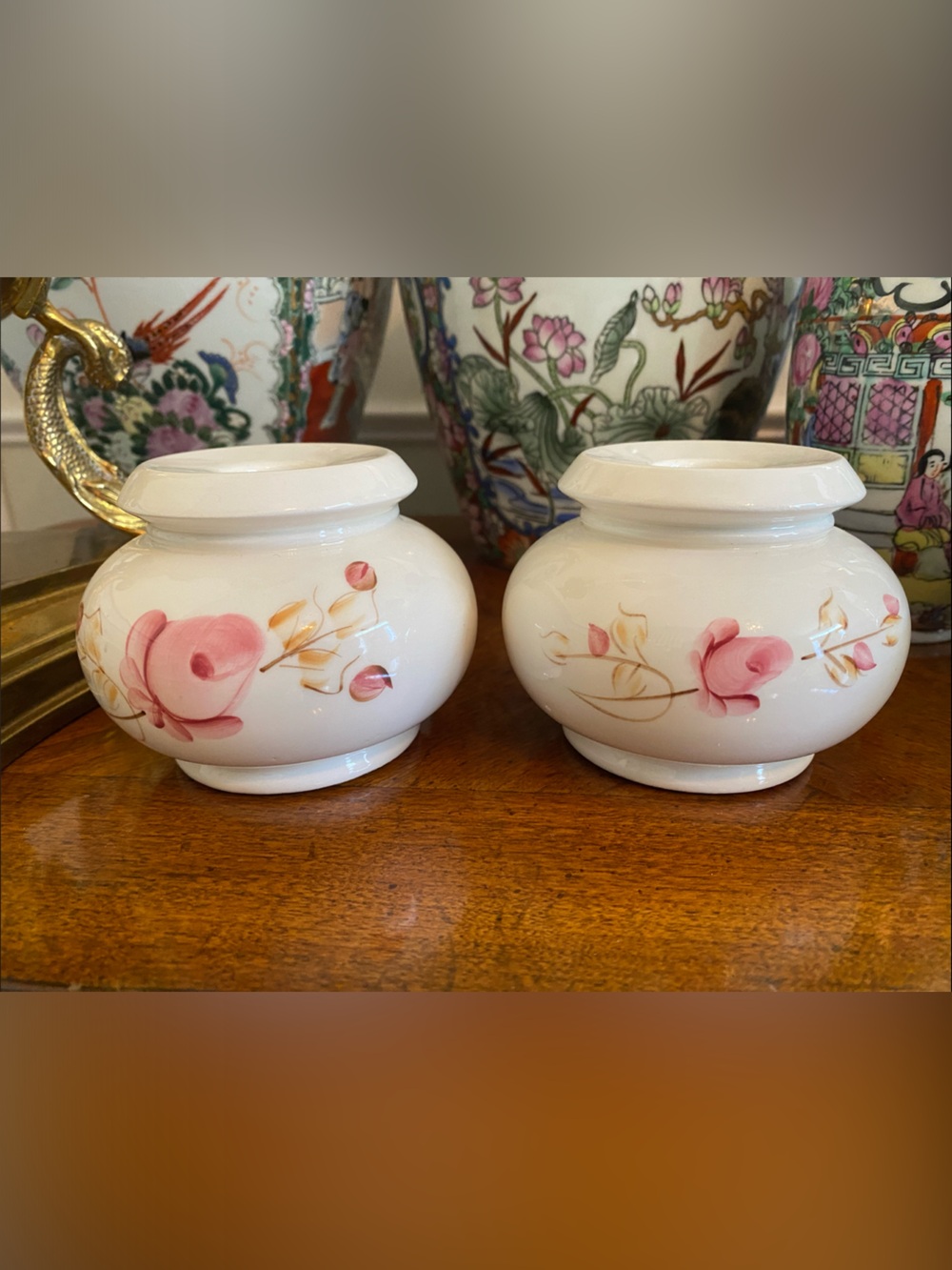 Vintage CottageCore Ceramic Candle Stick Holders w Pink Roses, Made in USA
